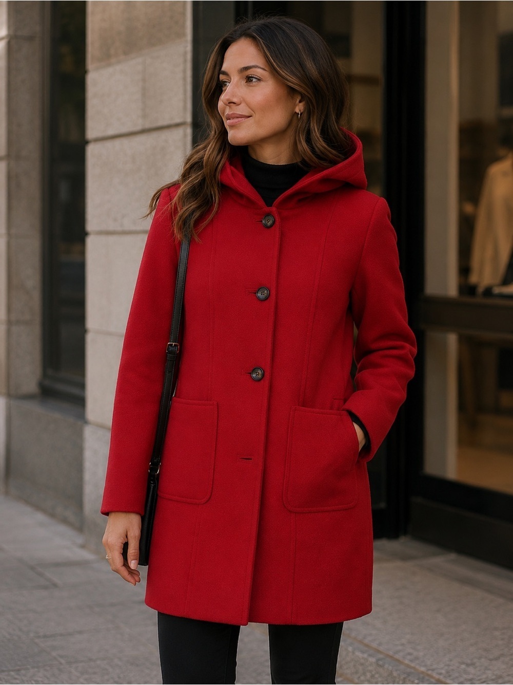 Gerry Weber Edition Red Hooded 100% Virgin Wool Trench Coat Size S M Winter